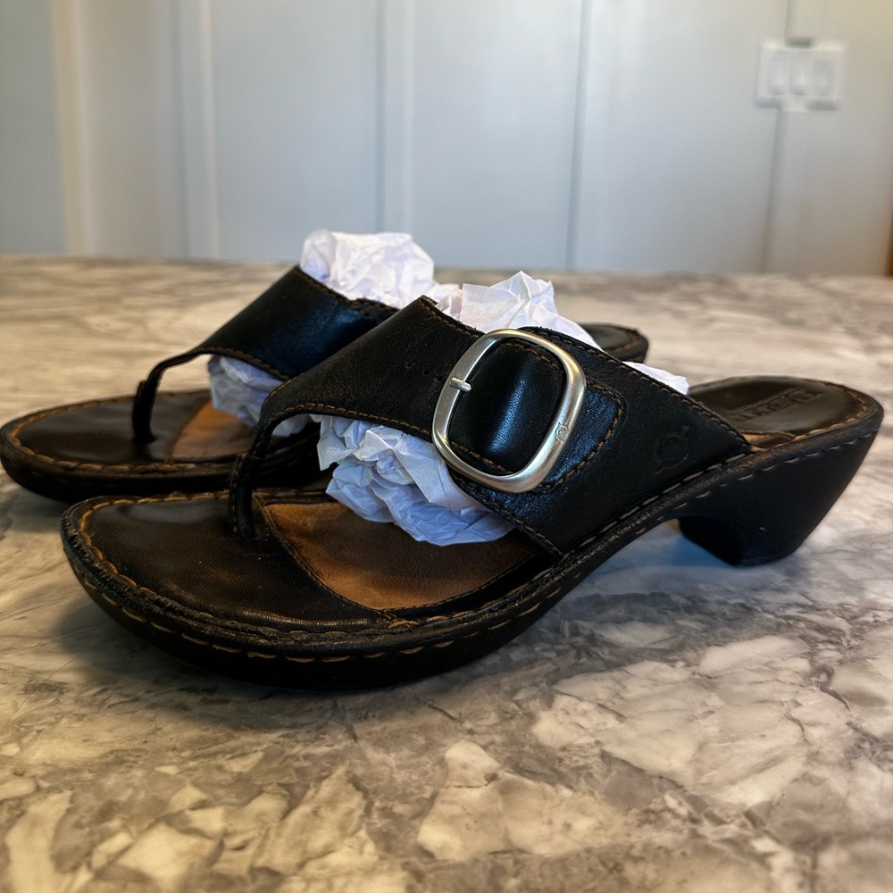 Born Dark Brown Leather Sandals with Brushed Silver Buckle, EUC, Size 10